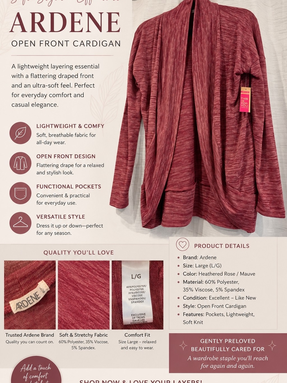 Ardene Heathered Rose/Mauve Open Front Cardigan